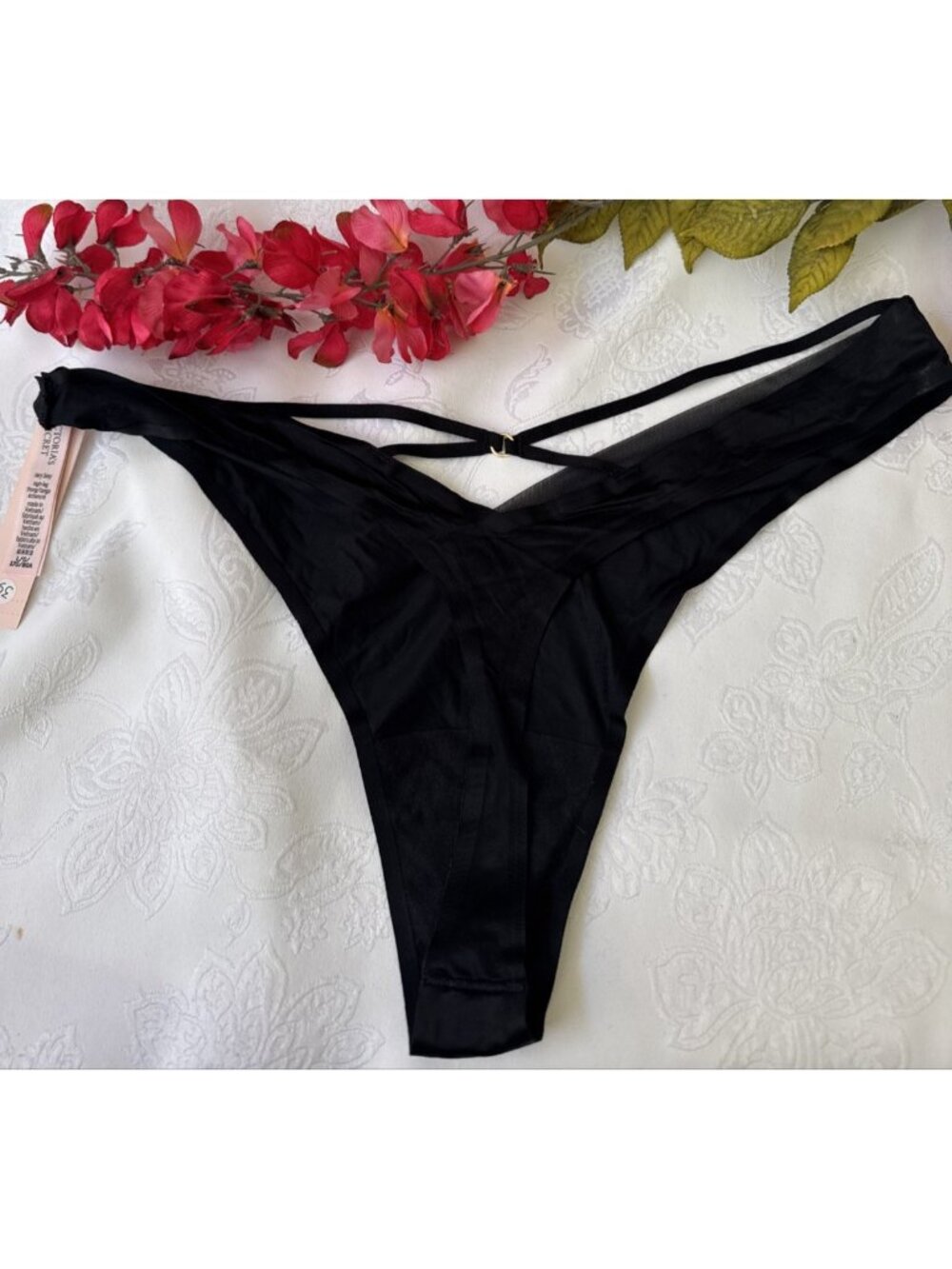 VICTORIA'S SECRET L BLACK SILKY STRAPPY VERY SEXY HI LEG THONG TANGA PANTIES NWT